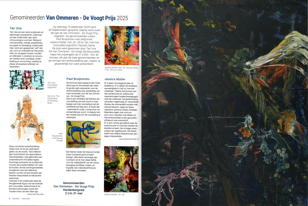 As a nominee, Jessica Muller will show new artworks during the Exhibition nominees ‘Van-Ommeren-de-Voogt'Kunstprijs. From May 2 to 31, 2026, in the Hardenbergzaal of Pulchri Studio, Lange Voorhout 15, The Hague, The Netherlands